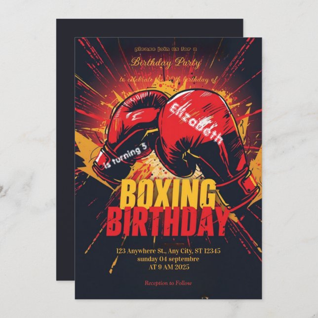 sports boxing birthday invitation (Devant / Derrière)