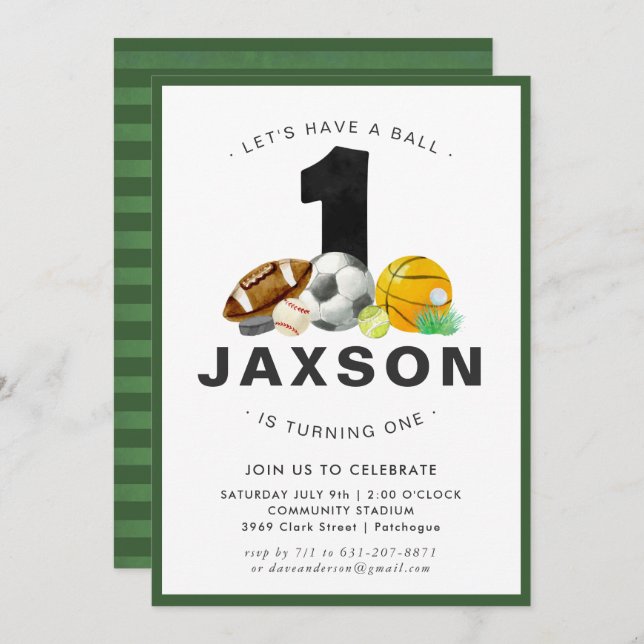 Sports Thème 1er anniversaire Fête Invitation (Devant / Derrière)