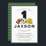 Sports Thème 1er anniversaire Fête Invitation<br><div class="desc">Mettez votre visage et fêtez avec notre invitation de fête d'anniversaire sportif. Il est parfait pour n'importe quel âge (il suffit de retirer le numéro) et toute fête sportive à thème. Ajoutez votre libellé personnalisé à cette conception à l'aide des cases "Modifier ce modèle de conception" situées à droite de...</div>