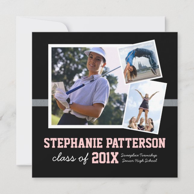 Sporty 3 - Faire-part de diplôme photo rose noir (Devant)