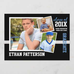 Sporty 3 Photo Graduation Faire-part Black Blue