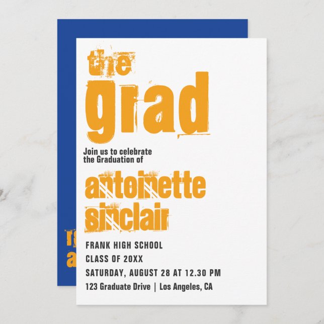 Sporty Blue et Orange Typographie Grad Invitation (Devant / Derrière)