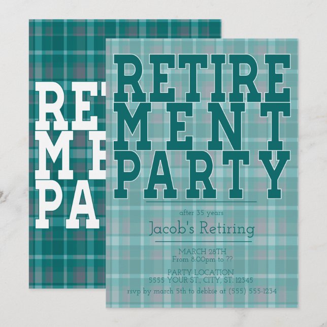 Sporty Green Plaid Retraite Party Invitations (Devant / Derrière)