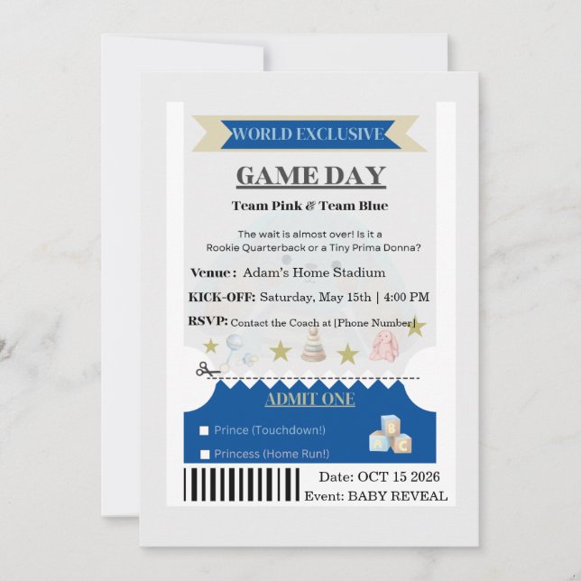 Sporty Ticket Gender Reveal Invitation  (Devant)