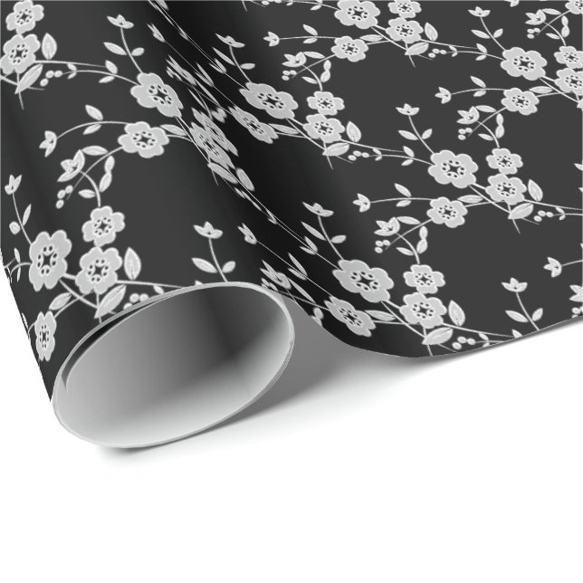 Spray Floral, PAPIER À CADEAU 1-NOIR-BLANC Style (Coin rond)