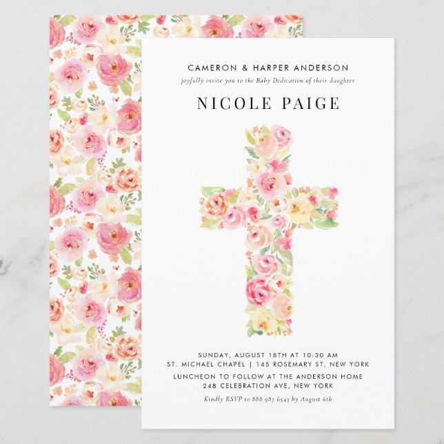Spring Floral Cross Baby Dedication Invitation (Devant / Derrière)