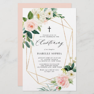 Spring Florals Gold Frame Christening Invitation