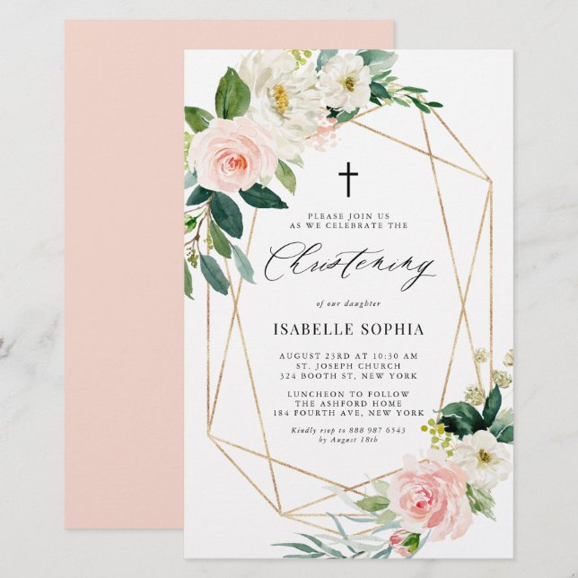 Spring Florals Gold Frame Christening Invitation (Devant / Derrière)