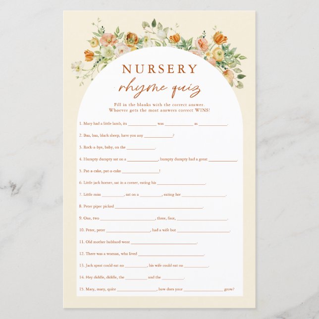 Spring Flory Nursery Rhymes jeu de Baby shower Qui (Devant)