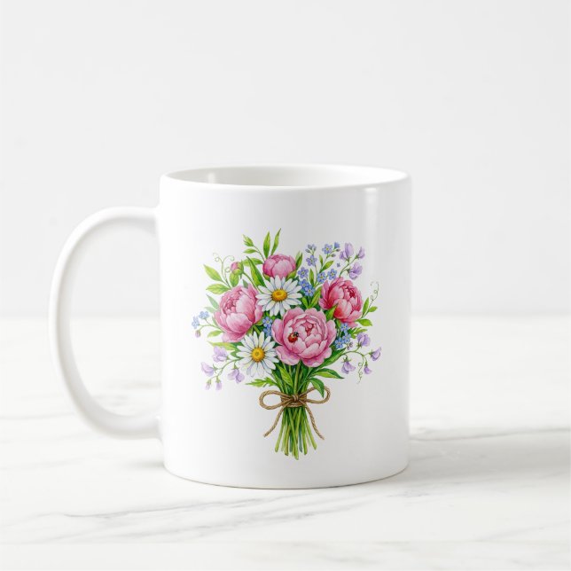 Spring Peony Bouquet Watercolor Ladybug Mug (Gauche)