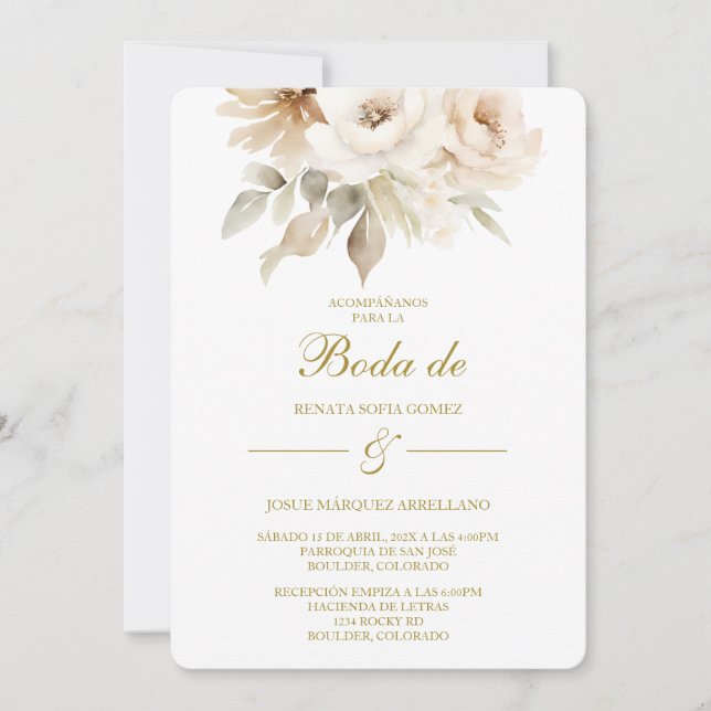 Spring white flower Wedding Invitation in Spanish (Devant)