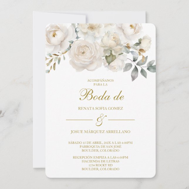 Spring white flower Wedding Invitation in Spanish (Devant)