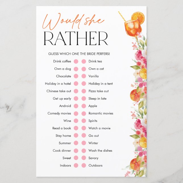 Spritz Bridal Shower Games Would She Rather (Devant)