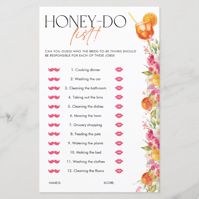 Spritz Citrus Honey Do List Bridal Shower Game (Devant)