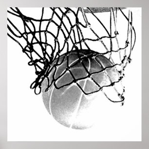 Square B&W Basketball Ball & Net Print Poster