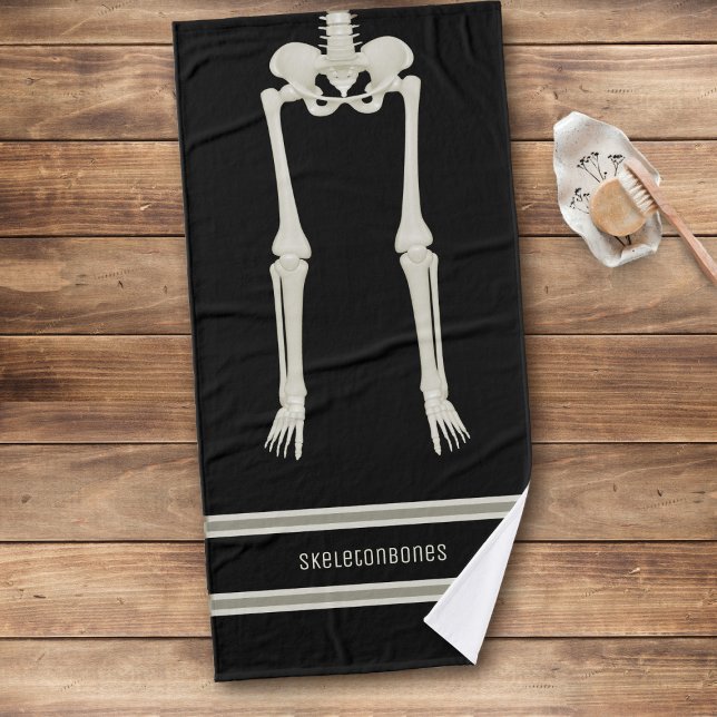 Squelette amusant Jambes Noir et Crème Serviette d (Fun skeleton themed bath towel with space for your name)