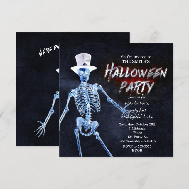 Squelette brillant Invitations de fête d'Halloween (Devant / Derrière)