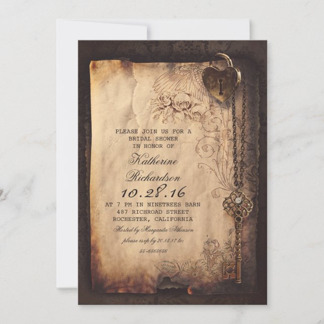 squelette clé coeur serrure nuptiale invitations (Devant)