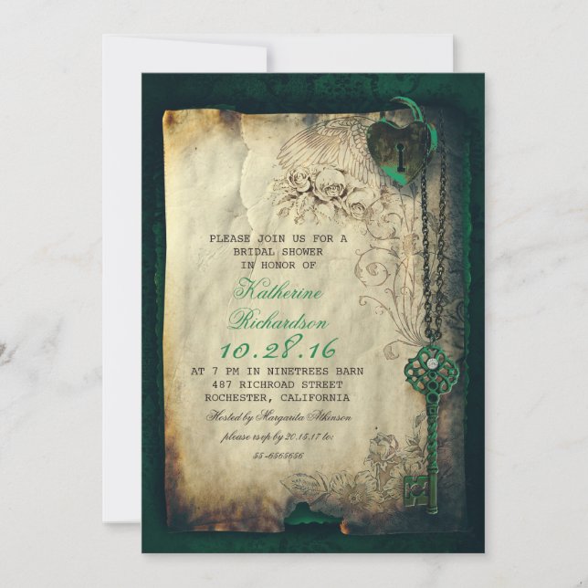 squelette clé coeur serrure nuptiale invitations (Devant)