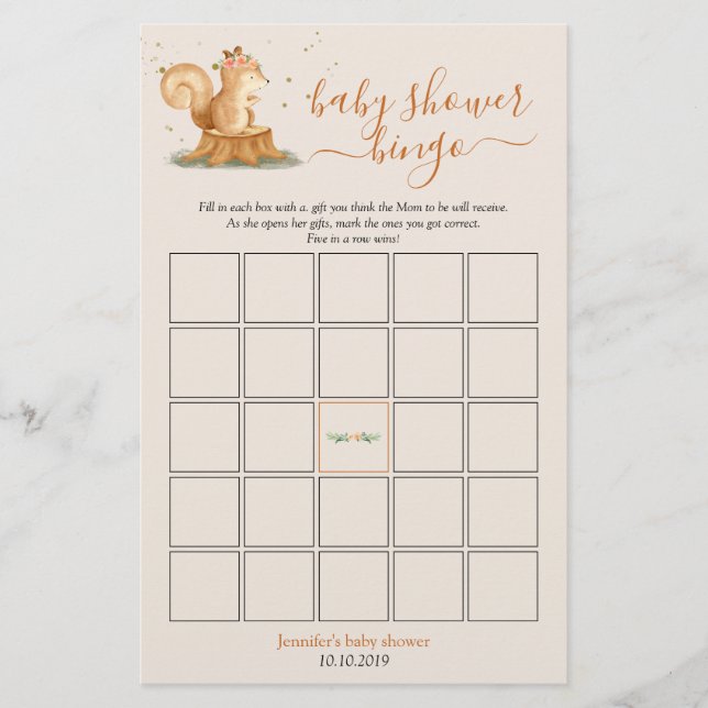 Squirrel Woodland Animals Baby Shower Bingo Game (Devant)