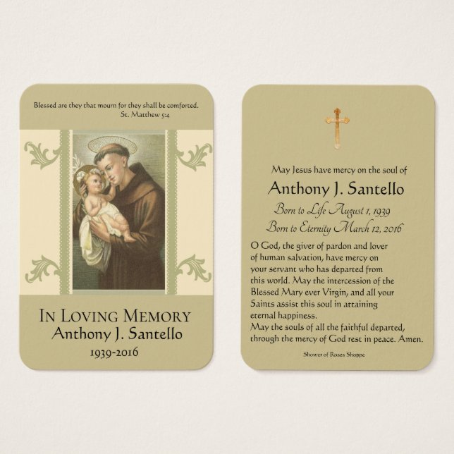 St Anthony Baby Jesus Funeral Memorial Carte Saint (Devant & derrière)