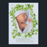 St. Patrick's Baby boy Faire-part de naissance pho<br><div class="desc">Envoyez vos souhaits de la Saint Patrick avec ce magnifique faire-part de naissance photo saisonnier avec un cadre de shamrocks avec un arrière - plan bleu clair et des pois blancs. (FP) La carte est facile à customiser avec votre libellé, police, couleur de police, options de forme de papier et...</div>