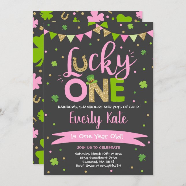 St. Patrick's Birthday Invitation Lucky One Party (Devant / Derrière)