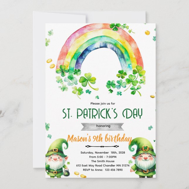 St Patricks Day gnome party invitation (Devant)