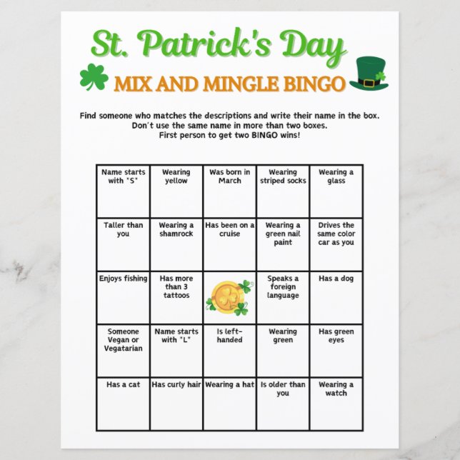 St. Patrick's Day Mix and Mingle Bingo Game (Devant)