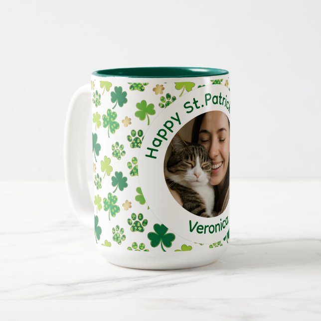 St. Patrick's Day Personalized Cat Mom Photo Mug (Devant gauche)