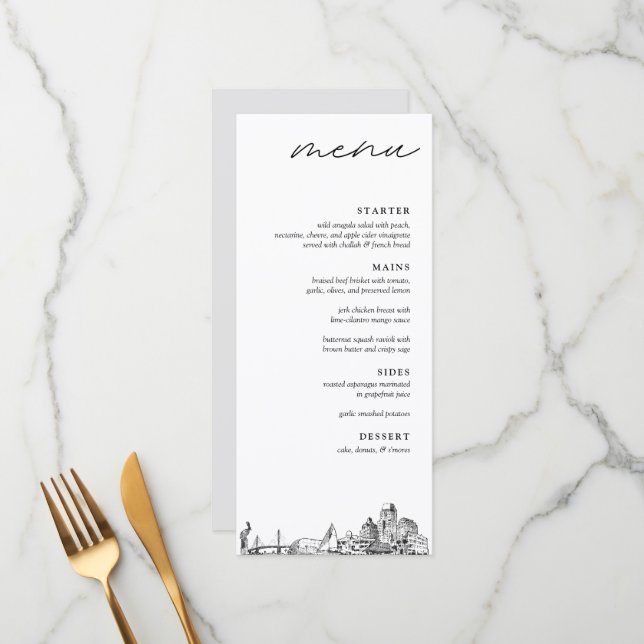 St. Petersburg Skyline Modern Mariage Dinner Menu (Devant/Arrière en situation)