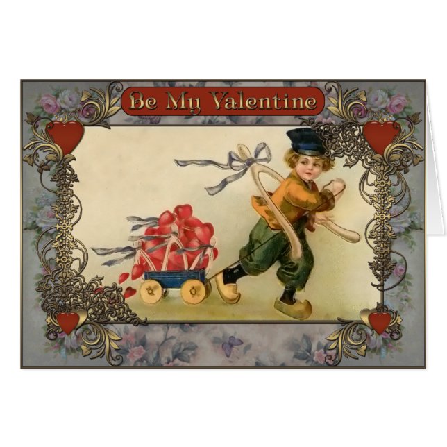 St-Valentin. Un garçon porte un chariot à fleurs (Devant horizontal)