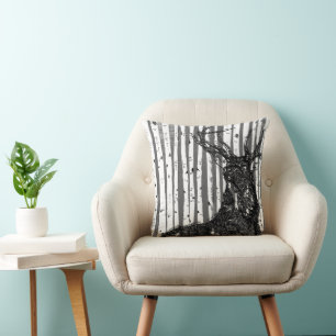 Stag Deer Linen Texture Birch Tree Coussin