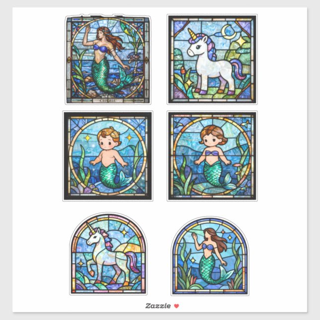 Stained Glass Fantasy Sticker Set – Mermaids & Uni (Feuille)