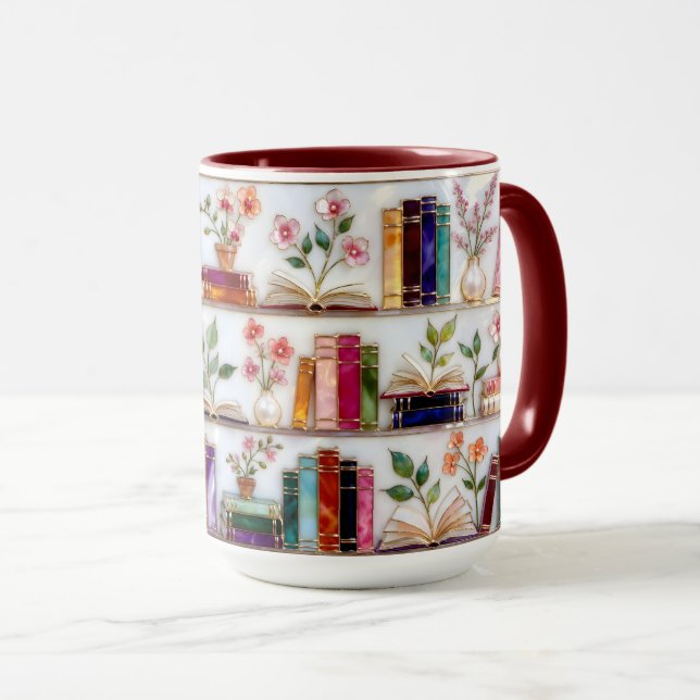 Stained Glass Style Floral Bookshelf Mug (Devant droit)
