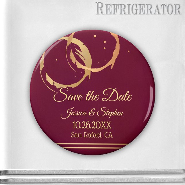 Stains Gold Wine Save the Date Magnet (Save the Date magnet featuring gold and rose gold colored wine rings with sparkles on burgundy)