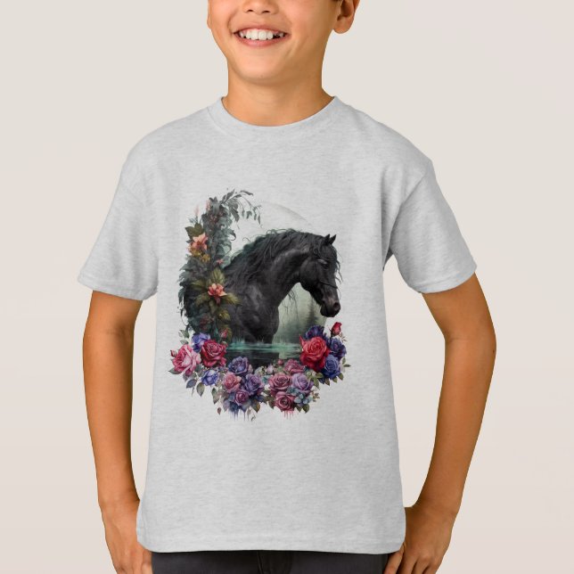 Stallion Noir Avec Fleurs Gothiques T-shirt Classi (Devant)