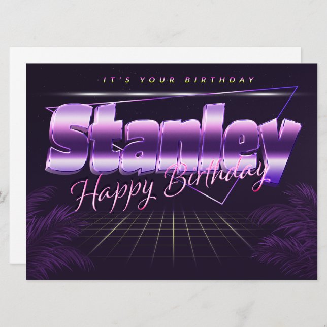 Stanley Nom Prénom carte rétro lilas Anniversaire (Devant / Derrière)