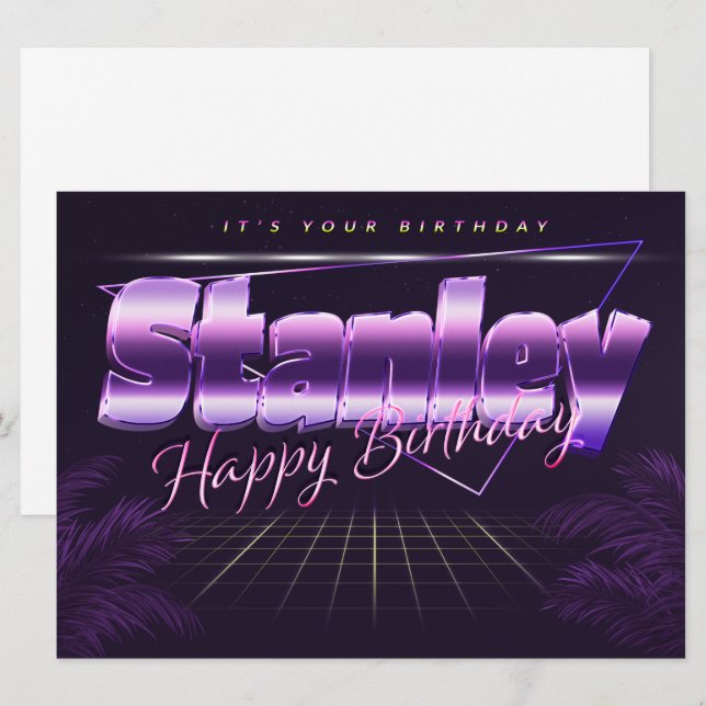 Stanley prénom carte rétro lilas anniversaire (Devant / Derrière)