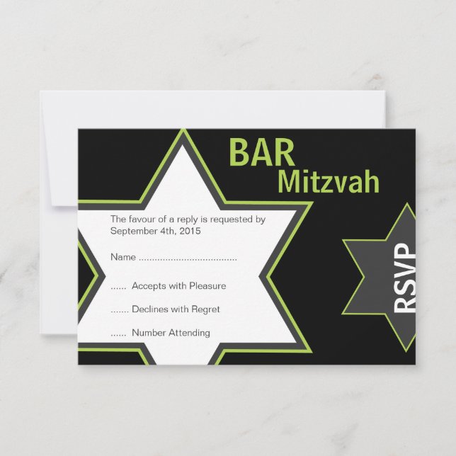 Star de David Bar Mitzvah Bright Green & Grey RSVP (Devant)