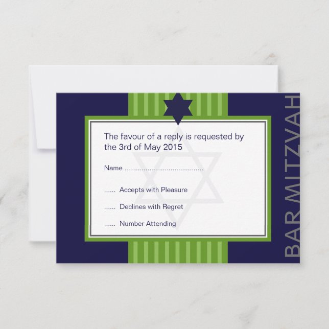 Star de David Bar Mitzvah ruban vert & bleu RSVP (Devant)