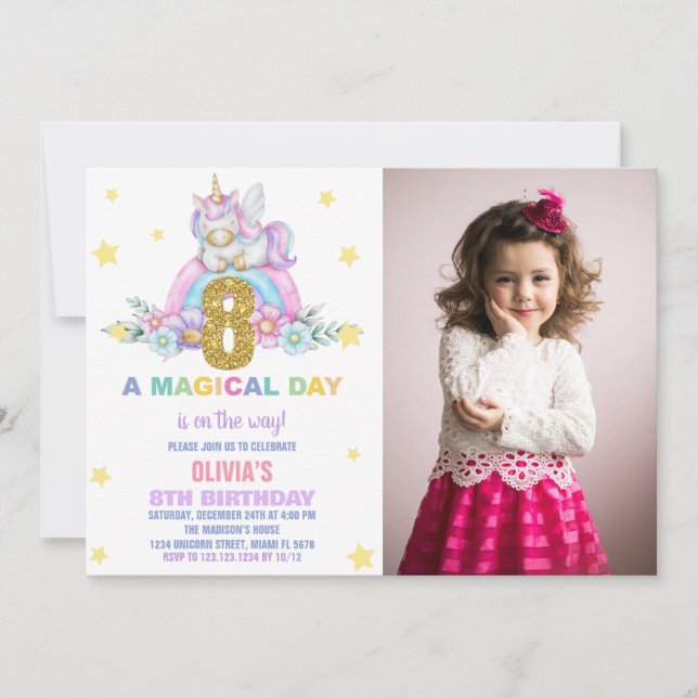 Star Rainbow Unicorn Anniversaire Invitations avec (Devant)