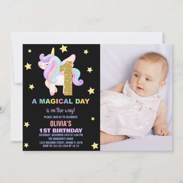 Star Rainbow Unicorn Anniversaire Invitations avec (Devant)