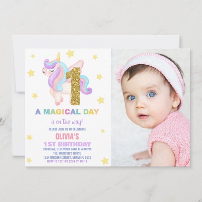 Star Rainbow Unicorn Birthday Invitations photo (Devant)