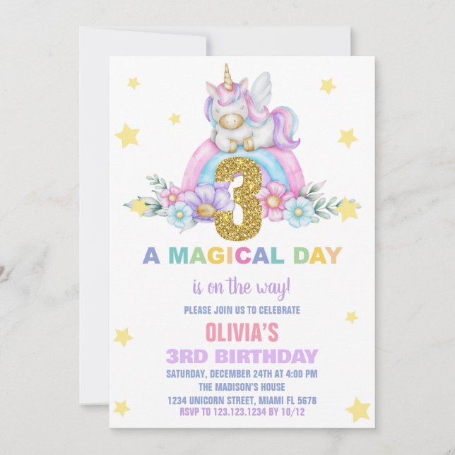 Star Rainbow Unicorn Invitations Anniversaire Vol (Devant)