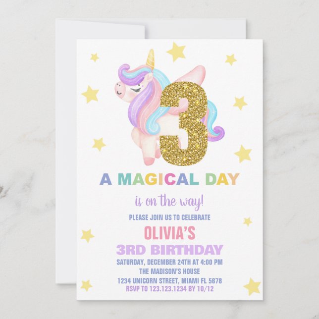 Star Rainbow Unicorn Invitations Anniversaire Vol (Devant)