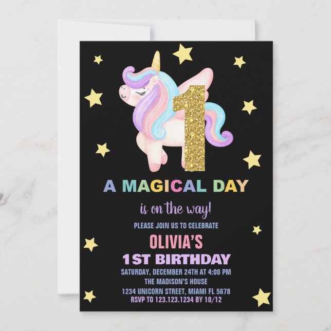 Star Rainbow Unicorn Invitations Anniversaire Vol (Devant)