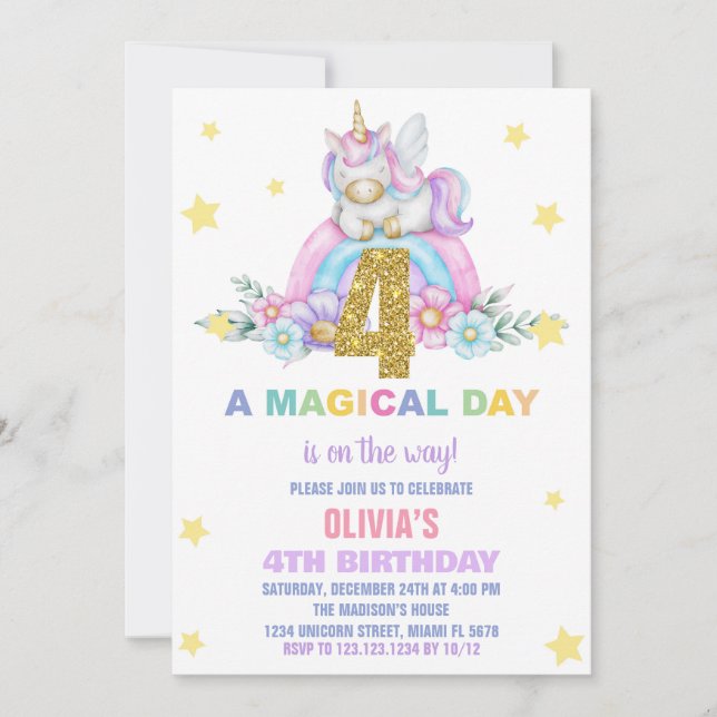 Star Rainbow Unicorn Invitations Anniversaire Vol (Devant)