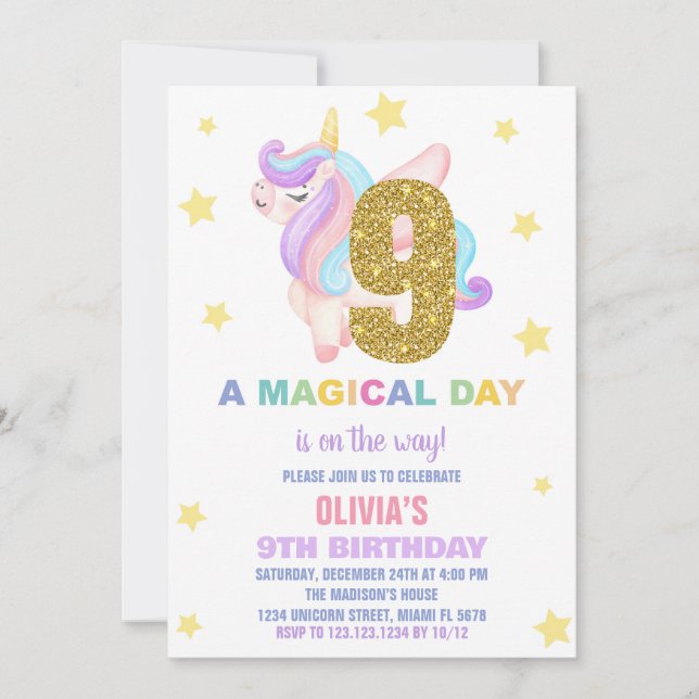 Star Rainbow Unicorn Invitations Anniversaire Vol (Devant)