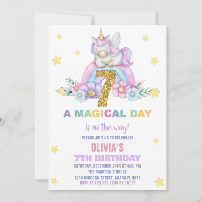 Star Rainbow Unicorn Invitations Anniversaire Vol (Devant)